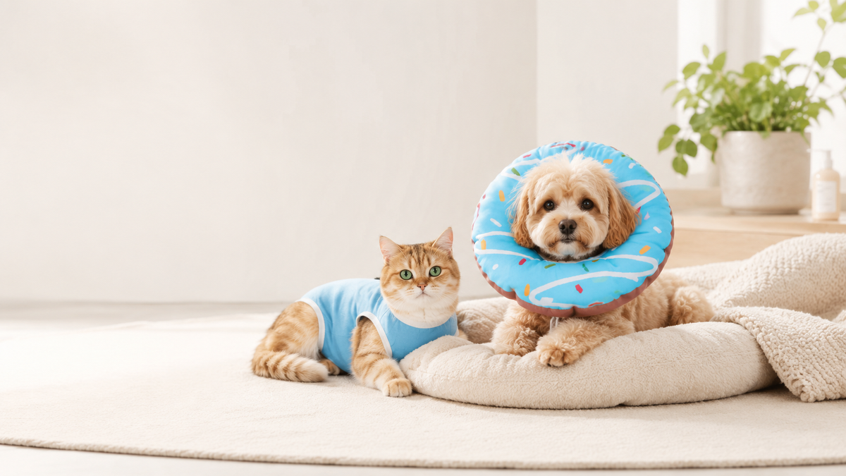 Chien avec collerette douce anti-léchage et chat avec body de convalescence Hachimi