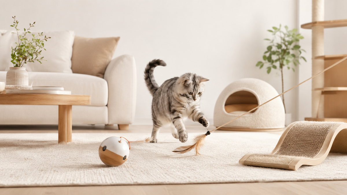 Chat jouant à la maison avec un jouet interactif