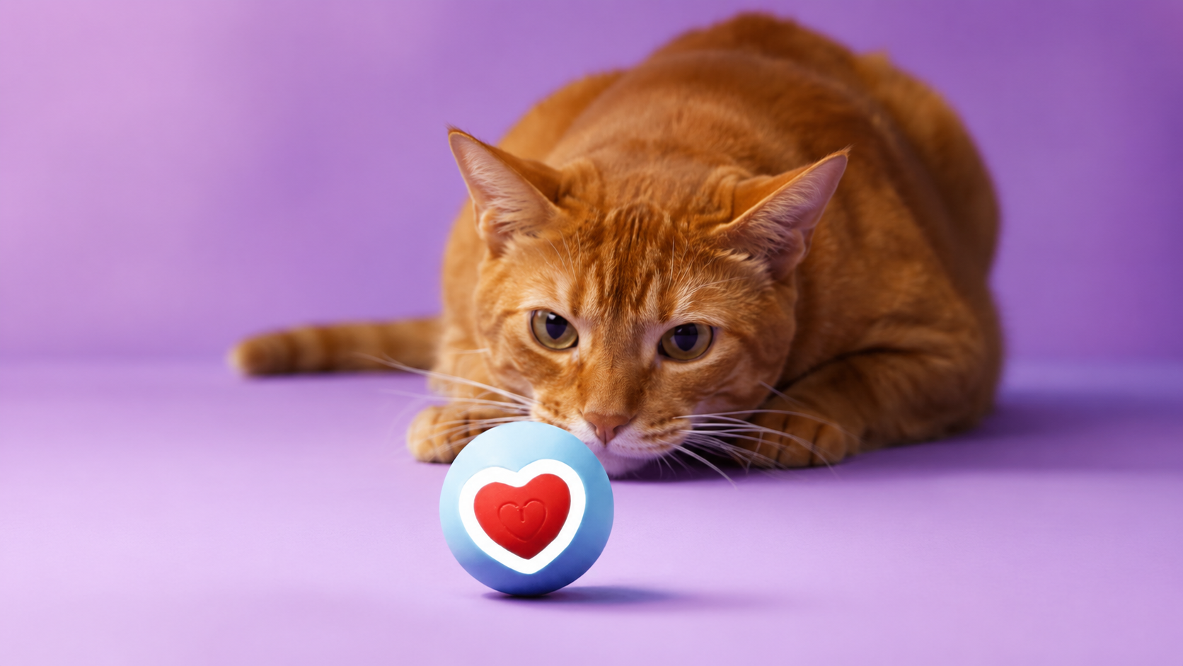 Chat roux observant une balle roulante interactive lumineuse en forme de cœur sur fond violet, jouet stimulant pour chat d’intérieur.