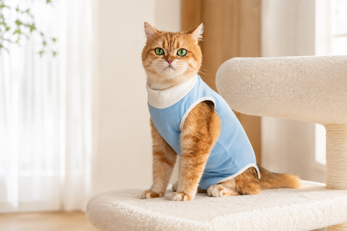 Chat roux portant un body de convalescence bleu Hachimi après une opération.