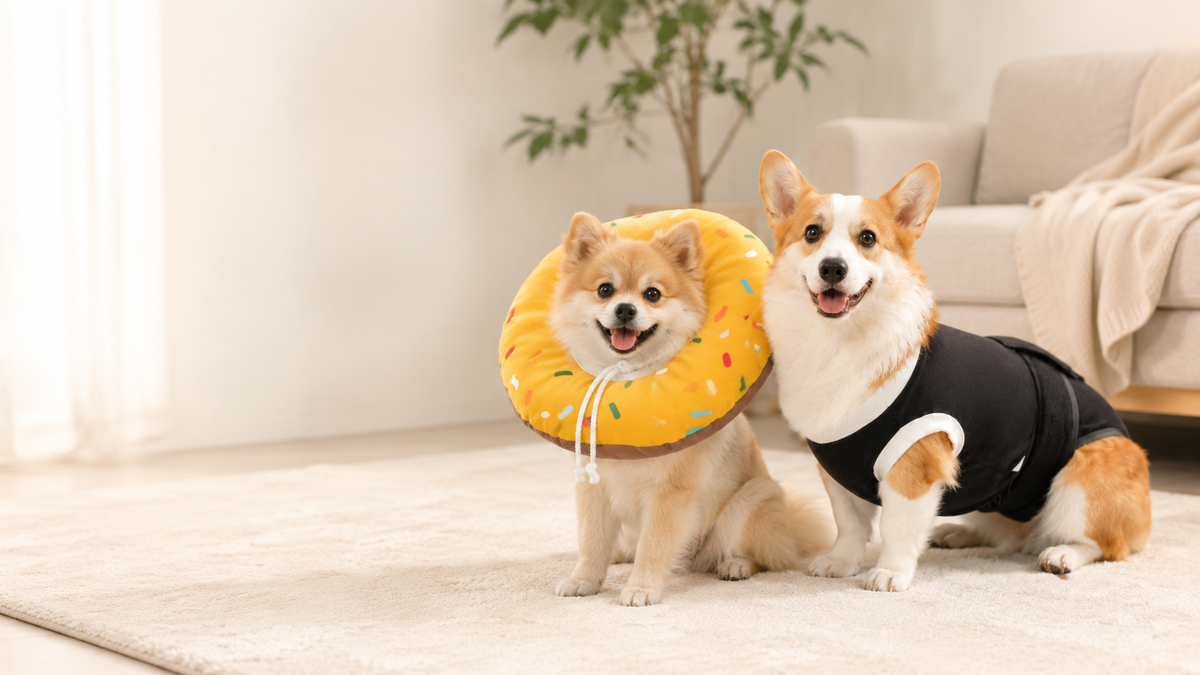 Chien avec une protection anti-léchage pendant sa convalescence
