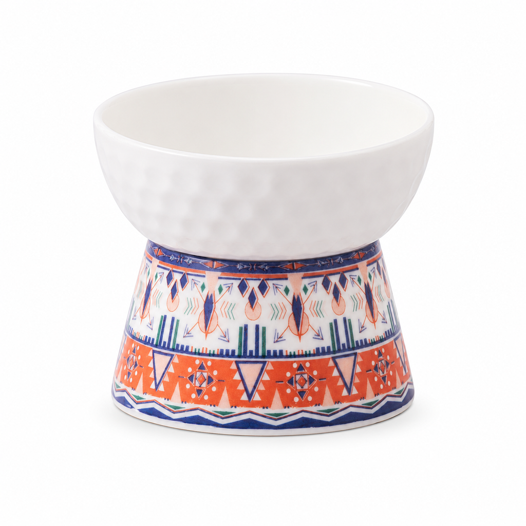 Gamelle surélevée en céramique pour chat avec motif bohème orange Hachimi.