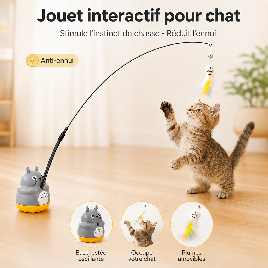 Jouet interactif pour chat avec canne flexible longue, base lestée oscillante et plume suspendue pour stimuler l’instinct de chasse