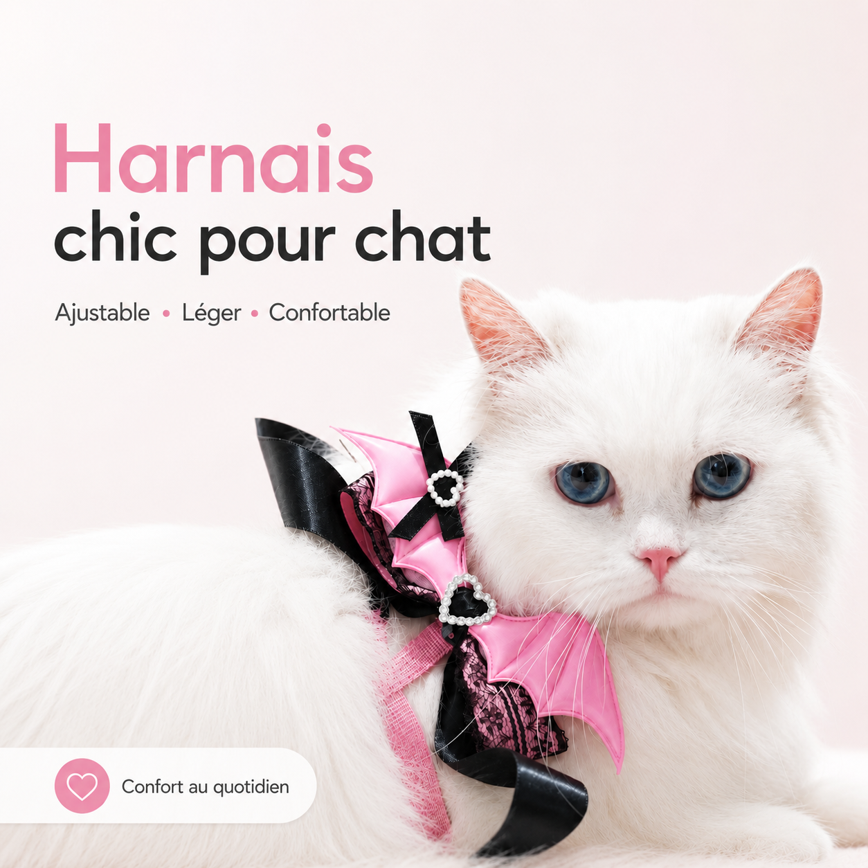 Chat blanc portant un harnais rose et noir élégant avec nœud décoratif, conçu pour le confort, la sécurité et les sorties quotidiennes.