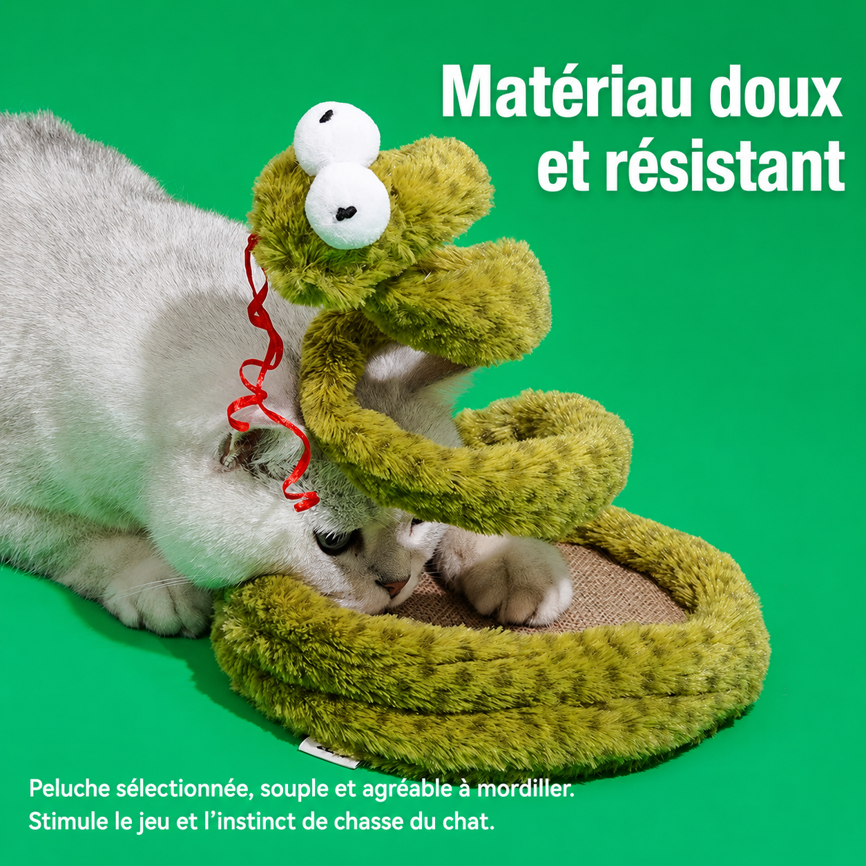 Jouet serpent en peluche pour chat, matière douce et résistante, conçu pour stimuler l’instinct de chasse et le jeu quotidien.