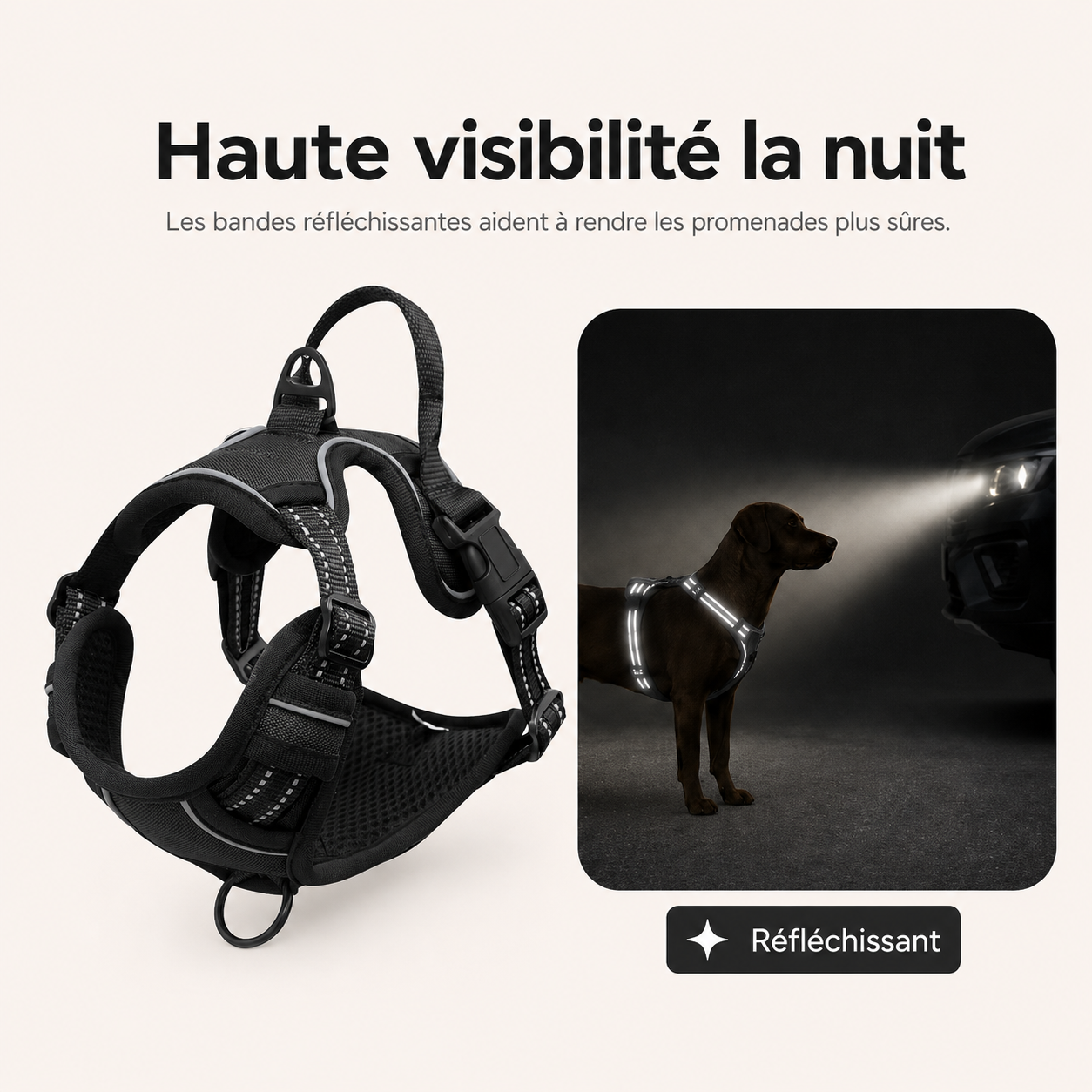 Harnais noir réfléchissant pour chien, présenté avec une scène de promenade de nuit face aux phares d’une voiture pour montrer la visibilité nocturne.