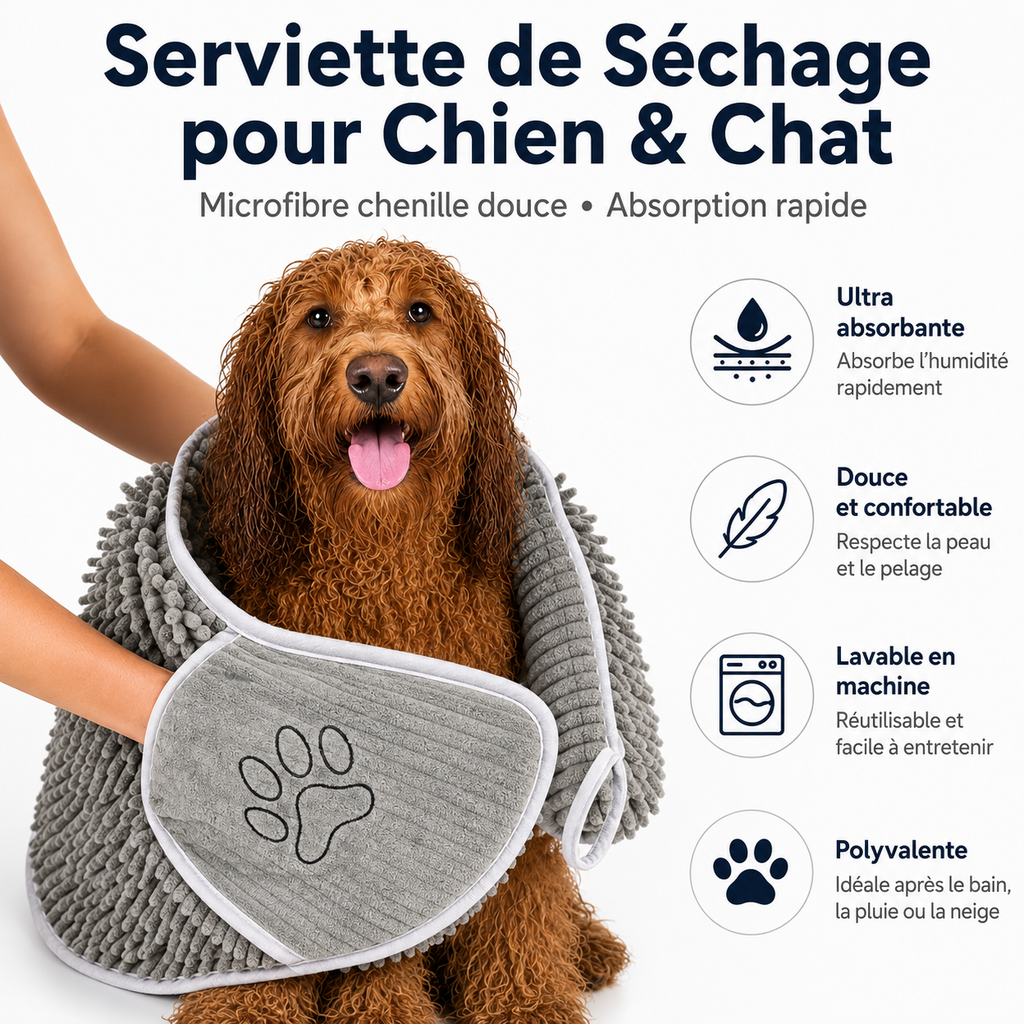Caractéristiques de la serviette microfibre chenille pour chien et chat