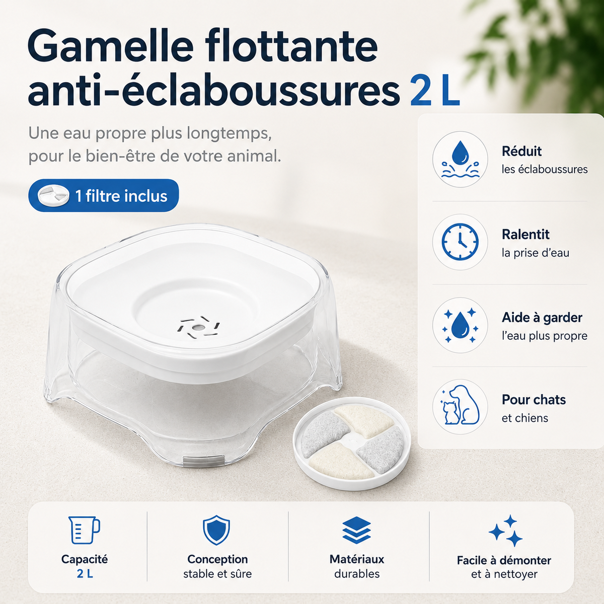 Fonctionnement de la gamelle d’eau flottante anti-éclaboussures blanche 2 L