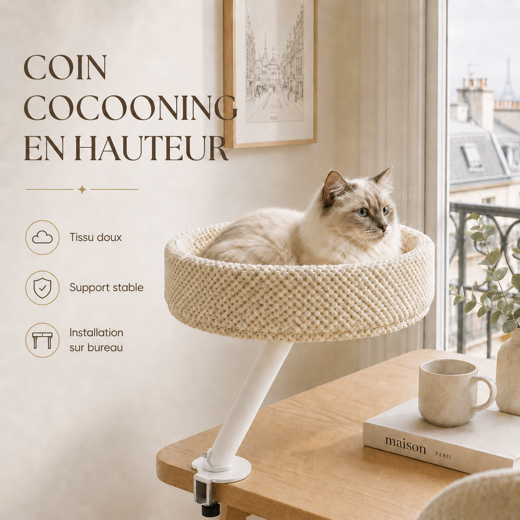 Chat installé sur le lit suspendu de bureau blanc Hachimi