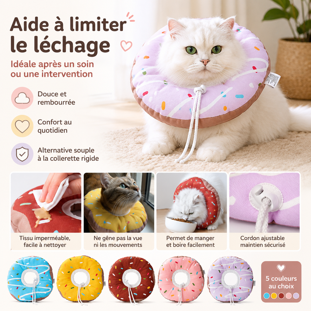 Chat portant une collerette donut souple qui aide à limiter le léchage après une intervention