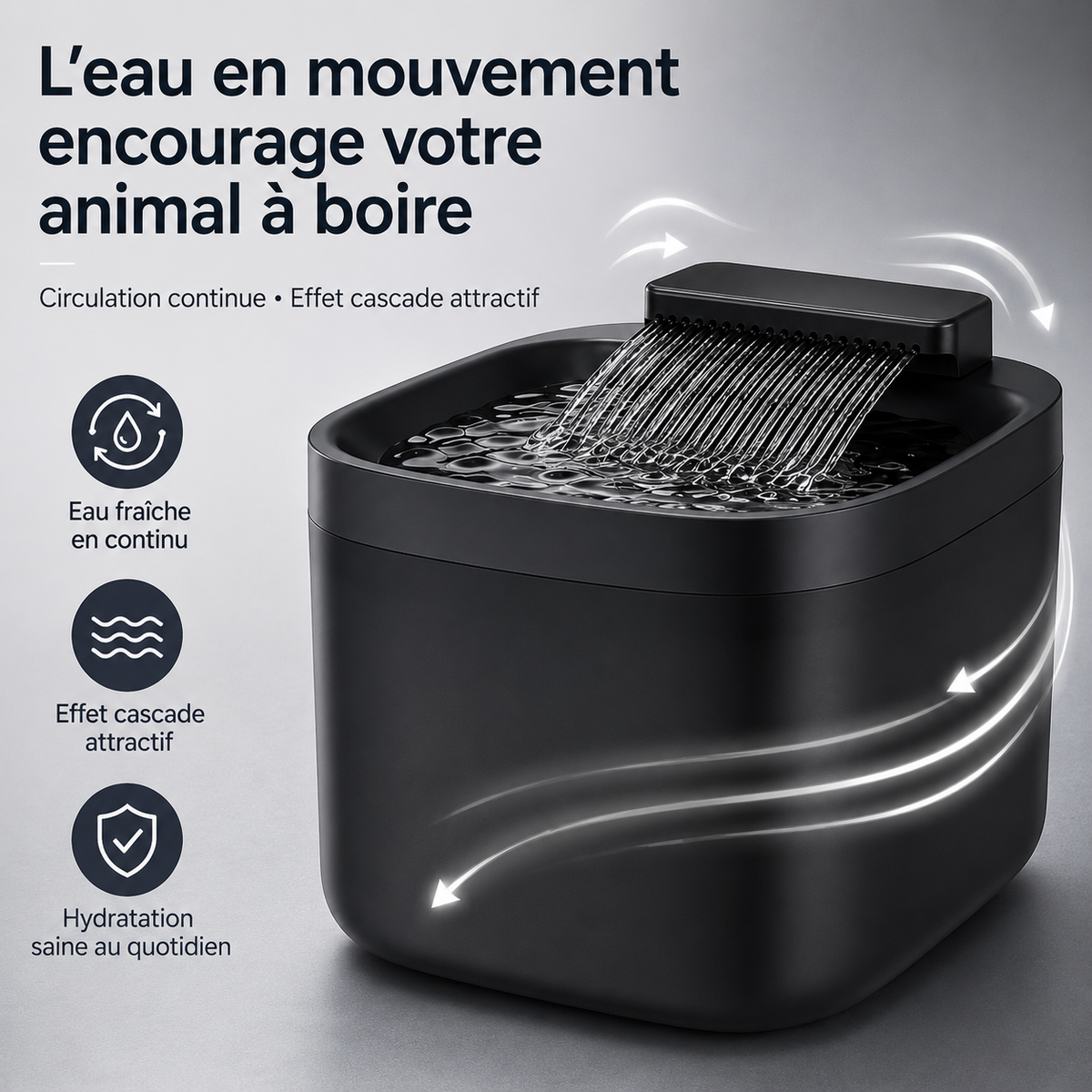 Fonctionnement de la fontaine à eau noire à cascade pour chat et petit chien