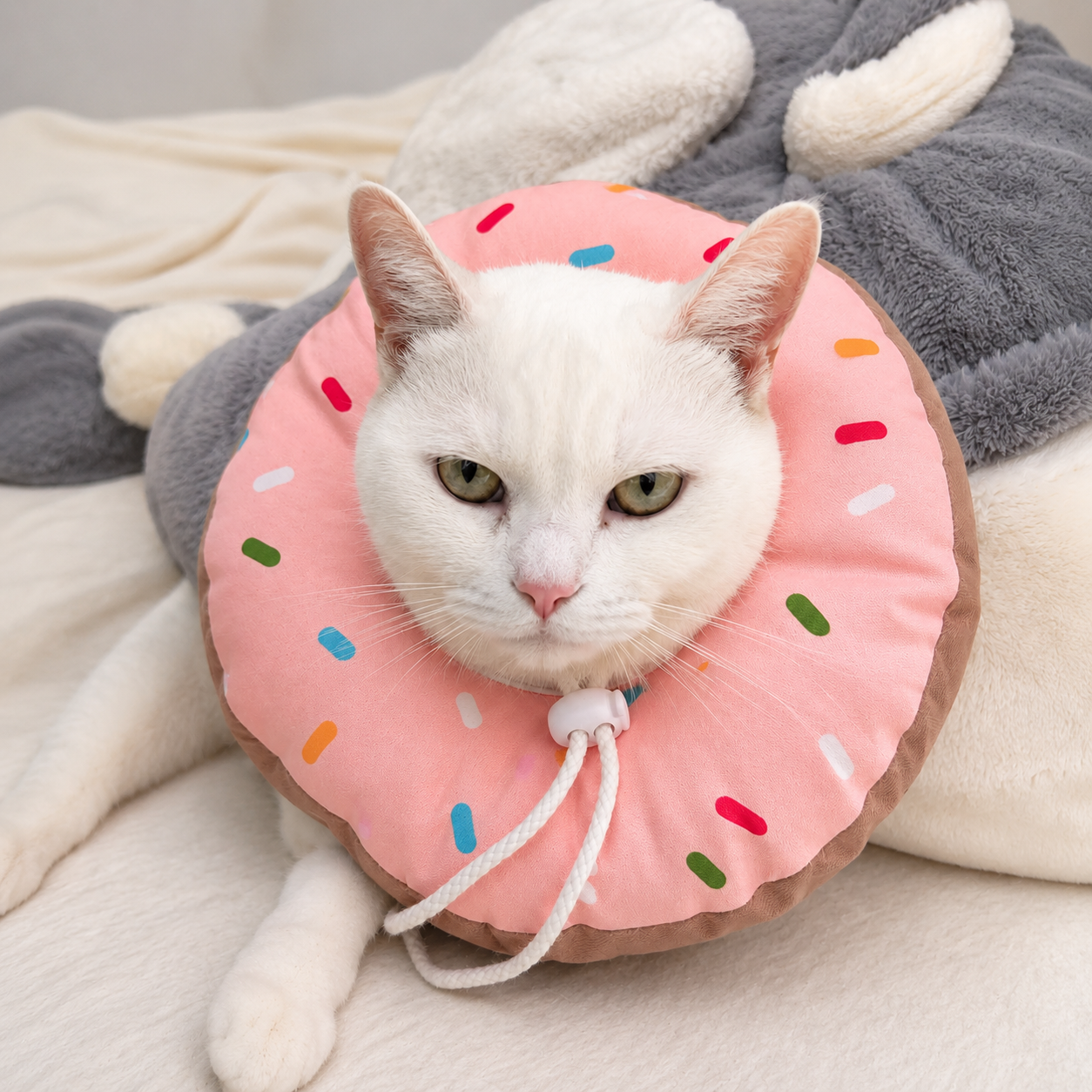 Chat blanc portant une collerette donut rose anti-léchage