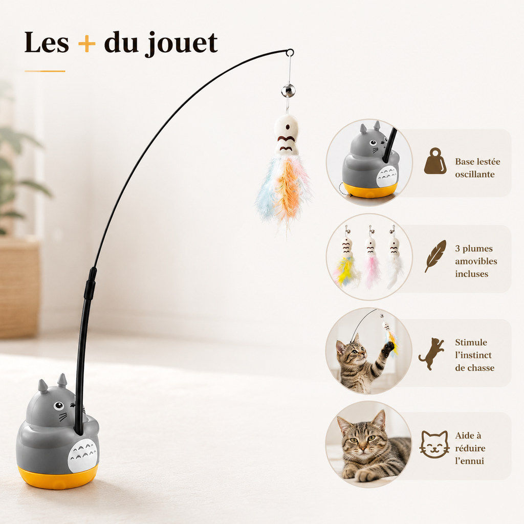 Jouet interactif anti-ennui pour chat avec base oscillante, 3 plumes amovibles et stimulation de l’instinct de chasse