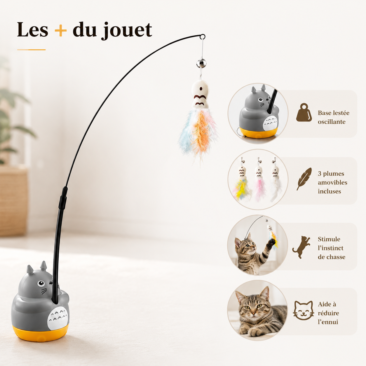 Jouet interactif anti-ennui pour chat avec base oscillante, 3 plumes amovibles et stimulation de l’instinct de chasse