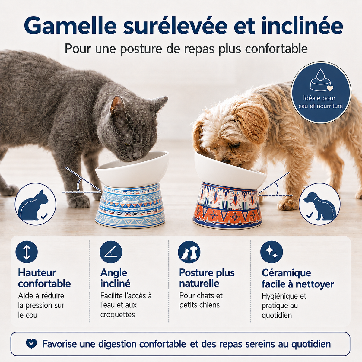 Caractéristiques de la gamelle surélevée en céramique à motif bohème pour chat
