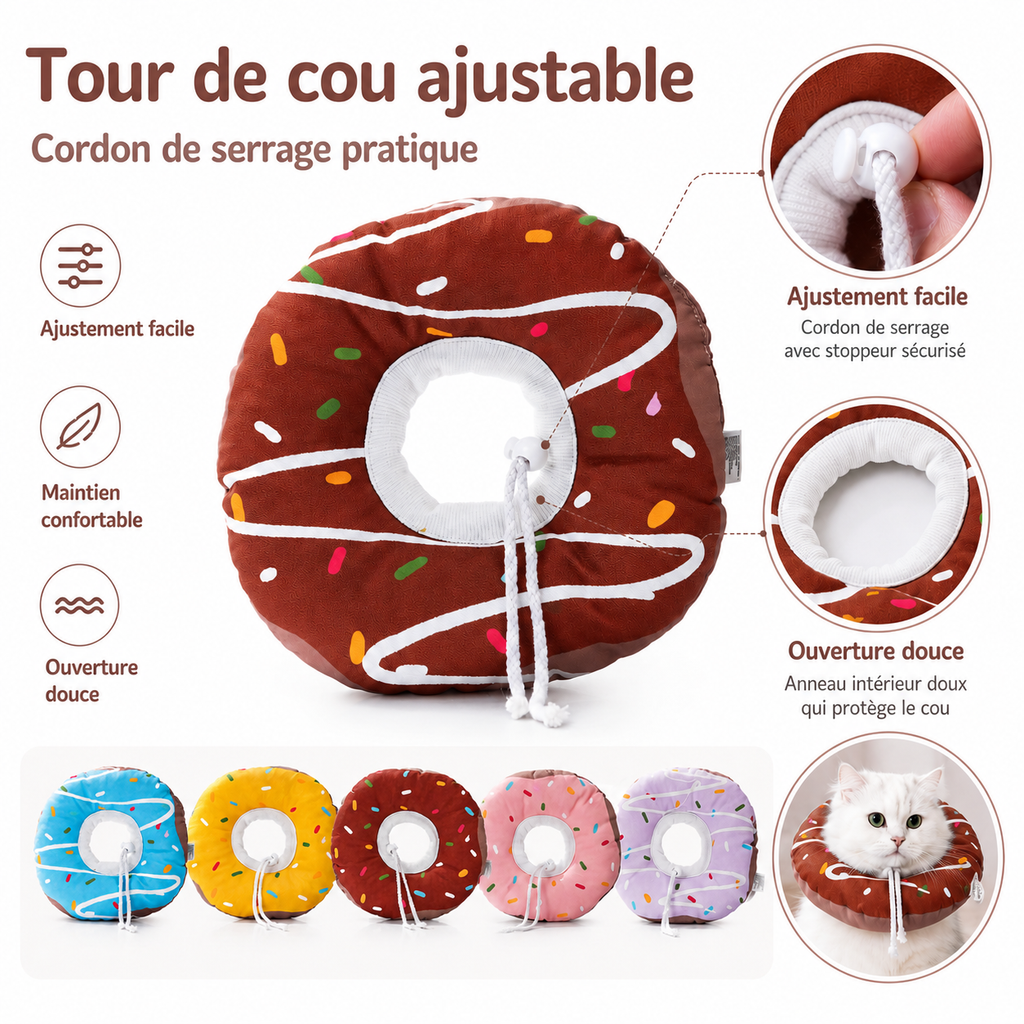 Caractéristiques de la collerette donut ajustable avec cordon de serrage et ouverture douce