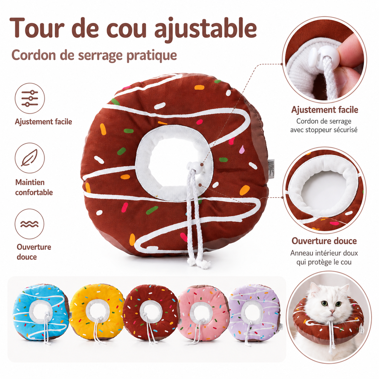 Caractéristiques de la collerette donut ajustable avec cordon de serrage et ouverture douce