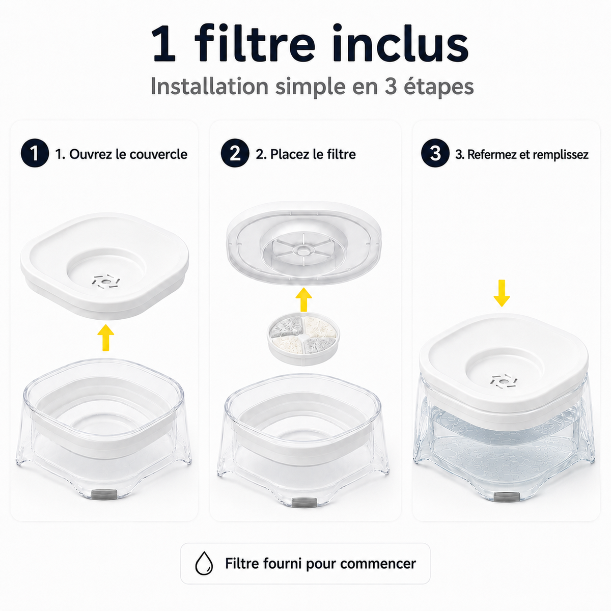 Installation de la gamelle d’eau flottante anti-éclaboussures blanche 2 L