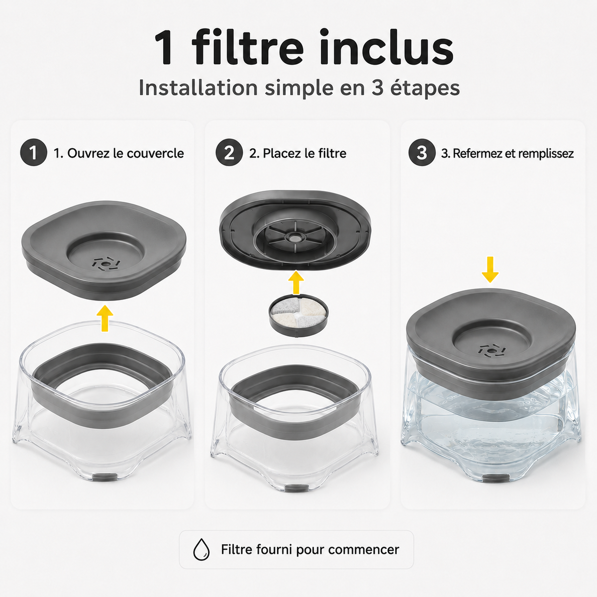 Installation de la gamelle d’eau flottante anti-éclaboussures grise 2 L