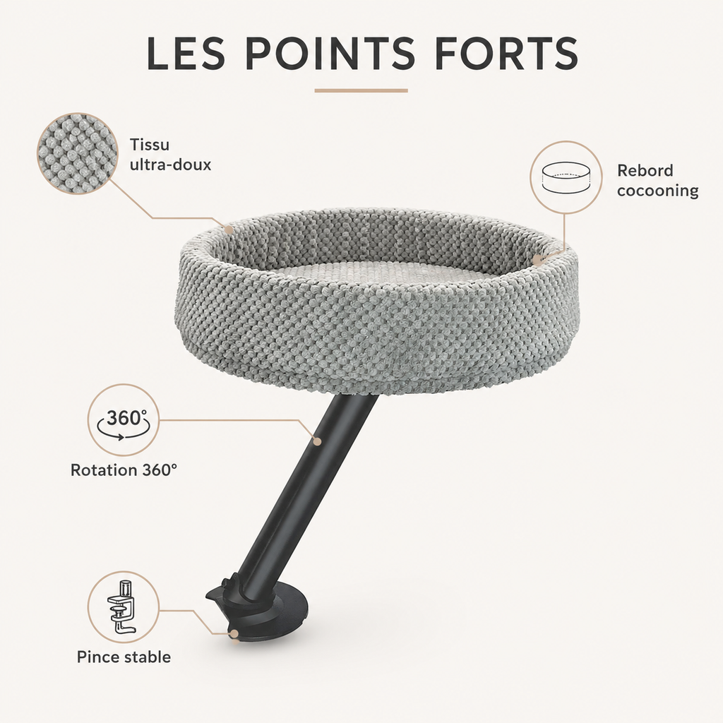 Points forts du lit suspendu de bureau pivotant pour chat