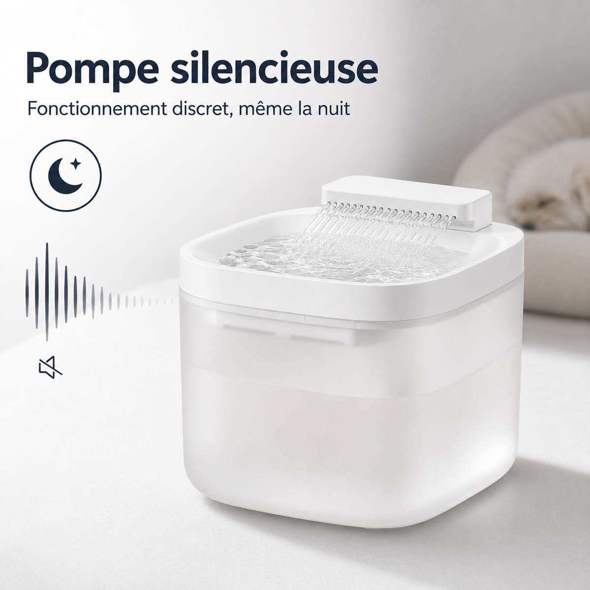 Fontaine à eau blanche pour chat et petit chien – cascade avec filtre en utilisation