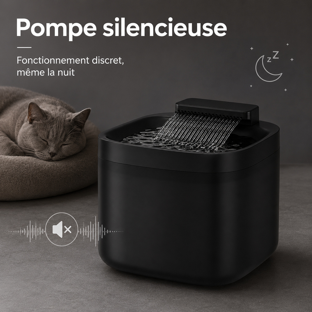 Fontaine à eau noire pour chat et petit chien – cascade avec filtre en utilisation