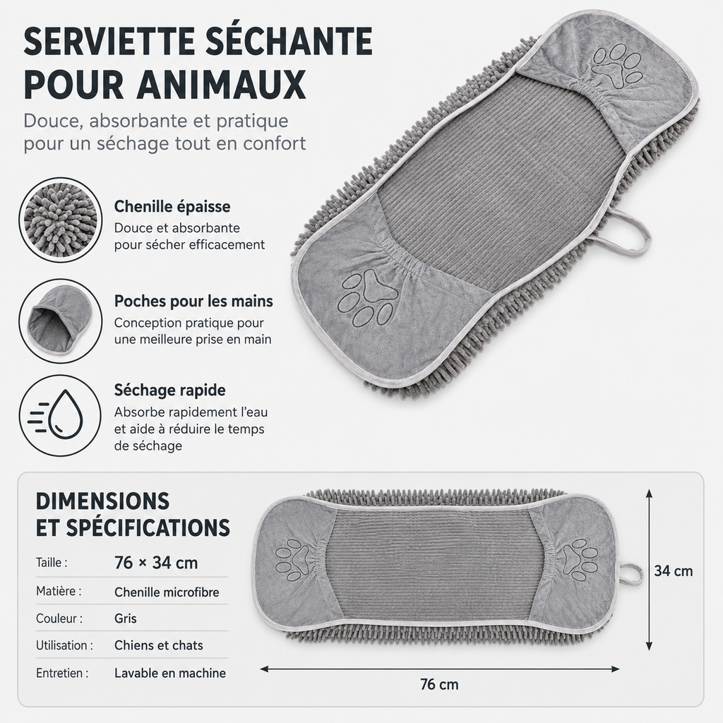Dimensions et caractéristiques de la serviette microfibre pour chien et chat