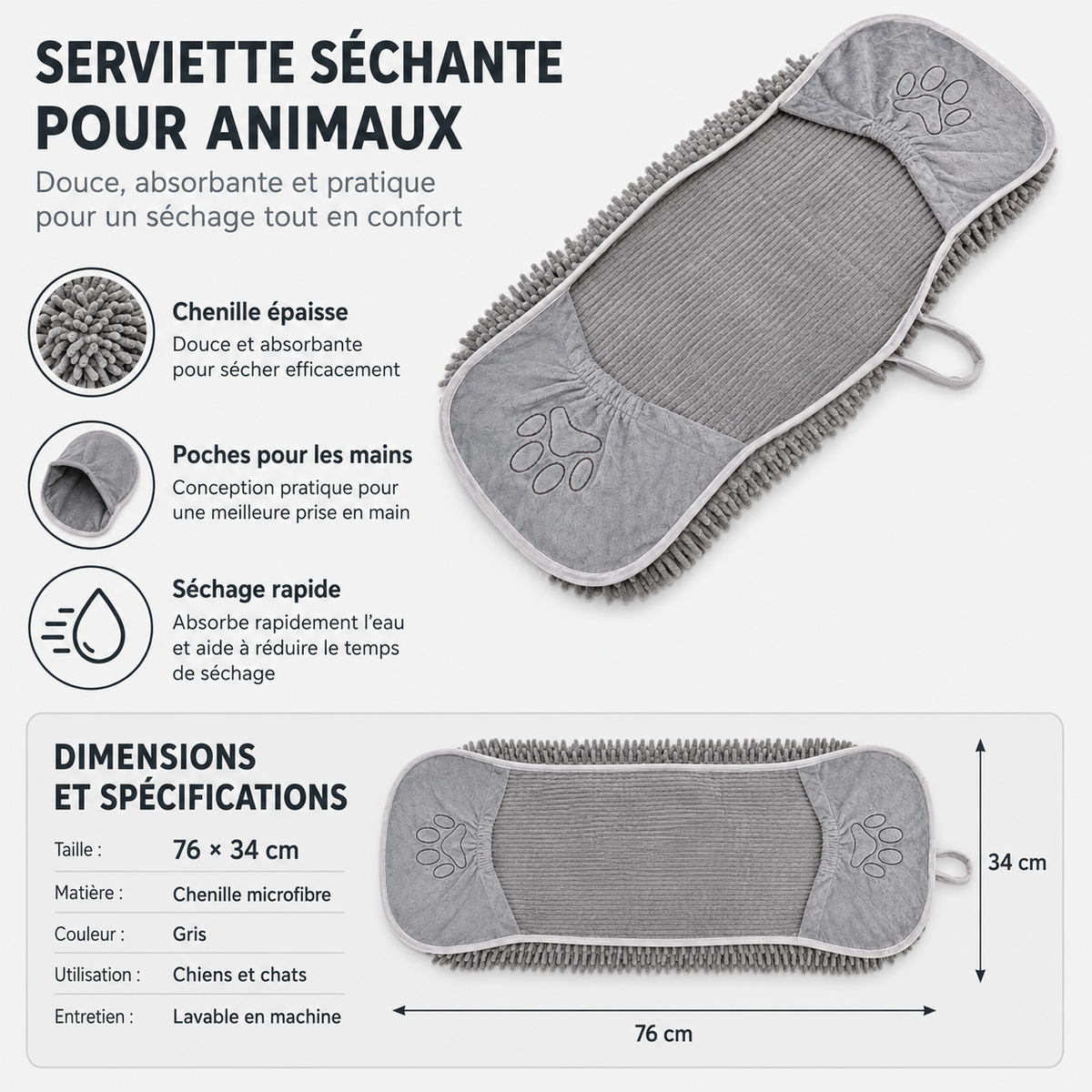 Dimensions et caractéristiques de la serviette microfibre pour chien et chat