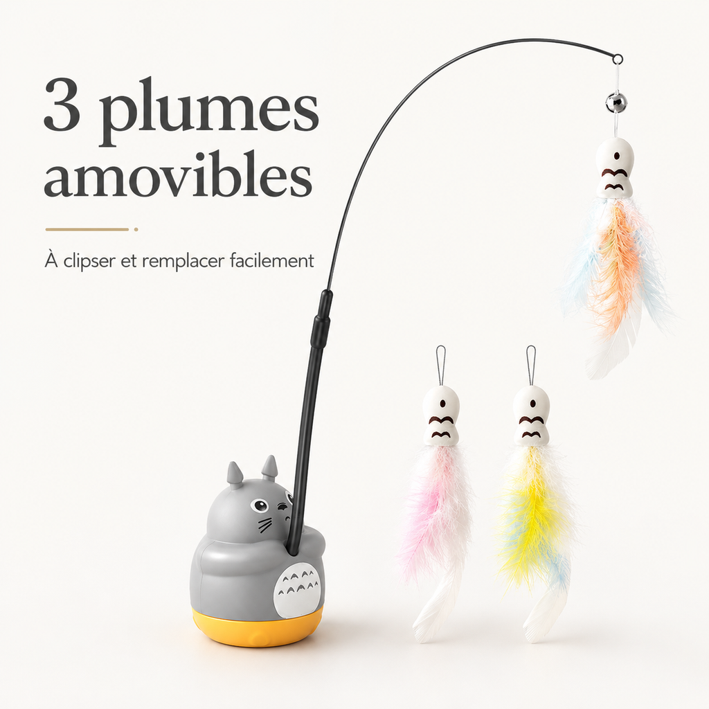 Jouet pour chat avec 3 plumes amovibles incluses, faciles à clipser et remplacer