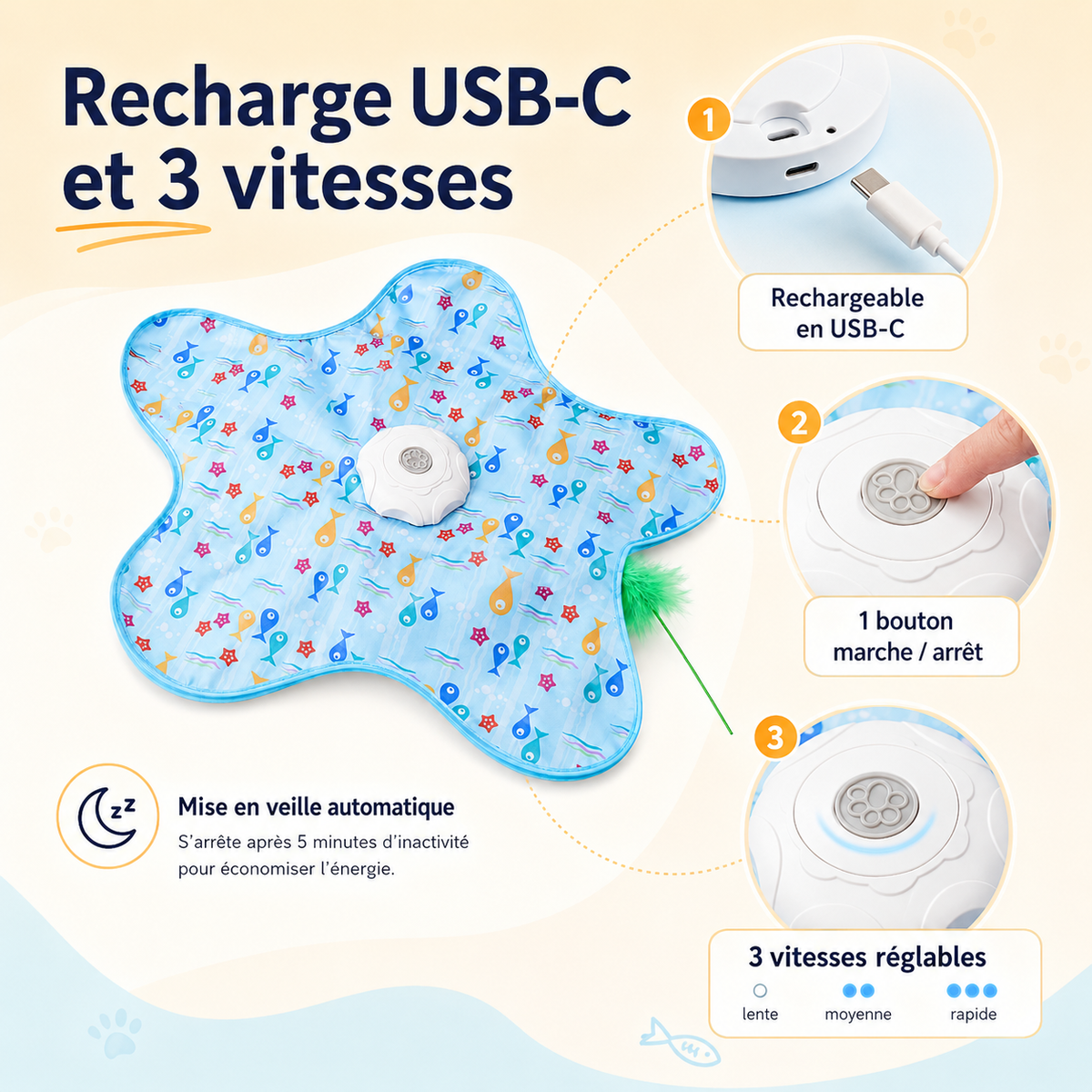 Recharge USB-C du tapis de chasse interactif automatique pour chat