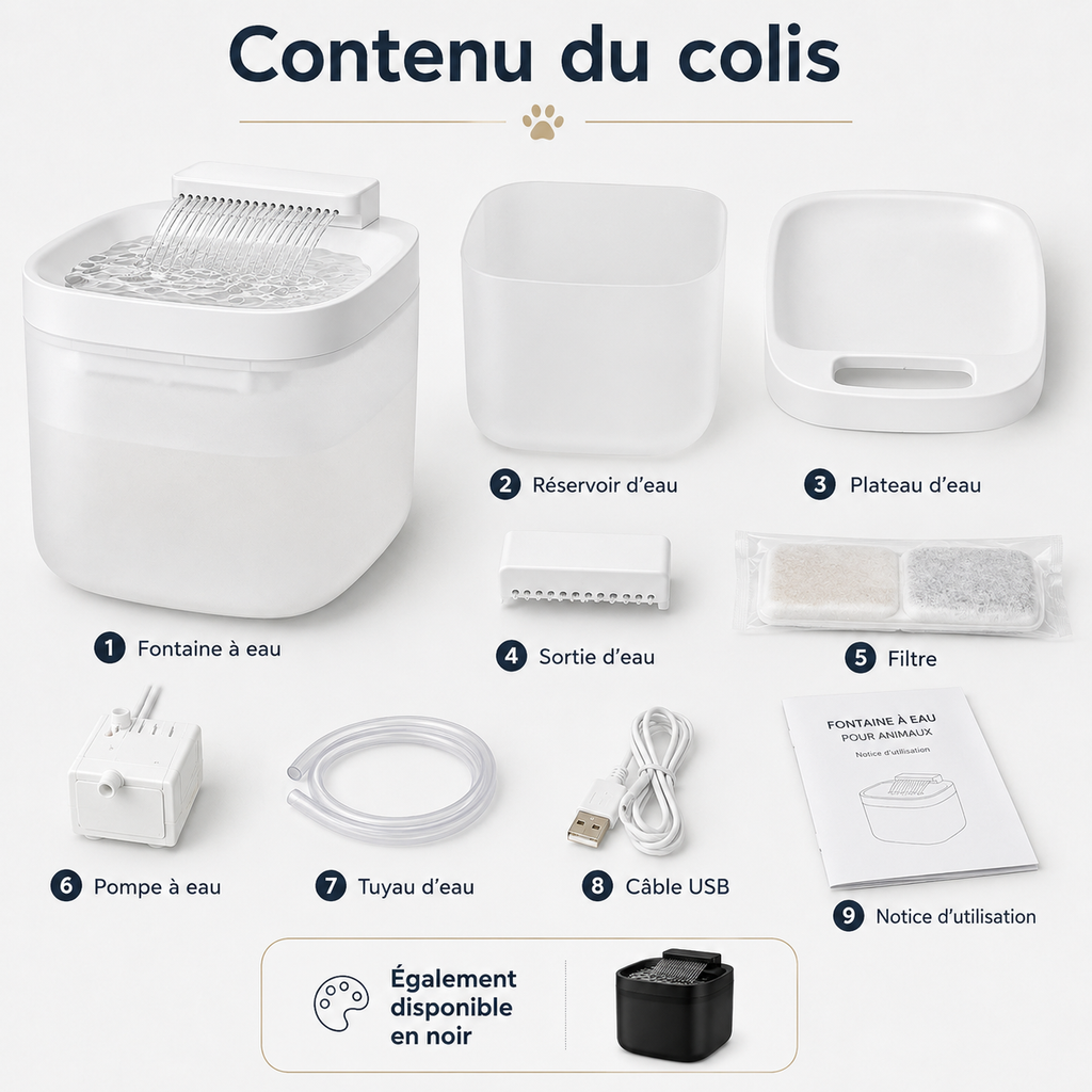 Contenu du colis de la fontaine à eau Hachimi pour chat et petit chien