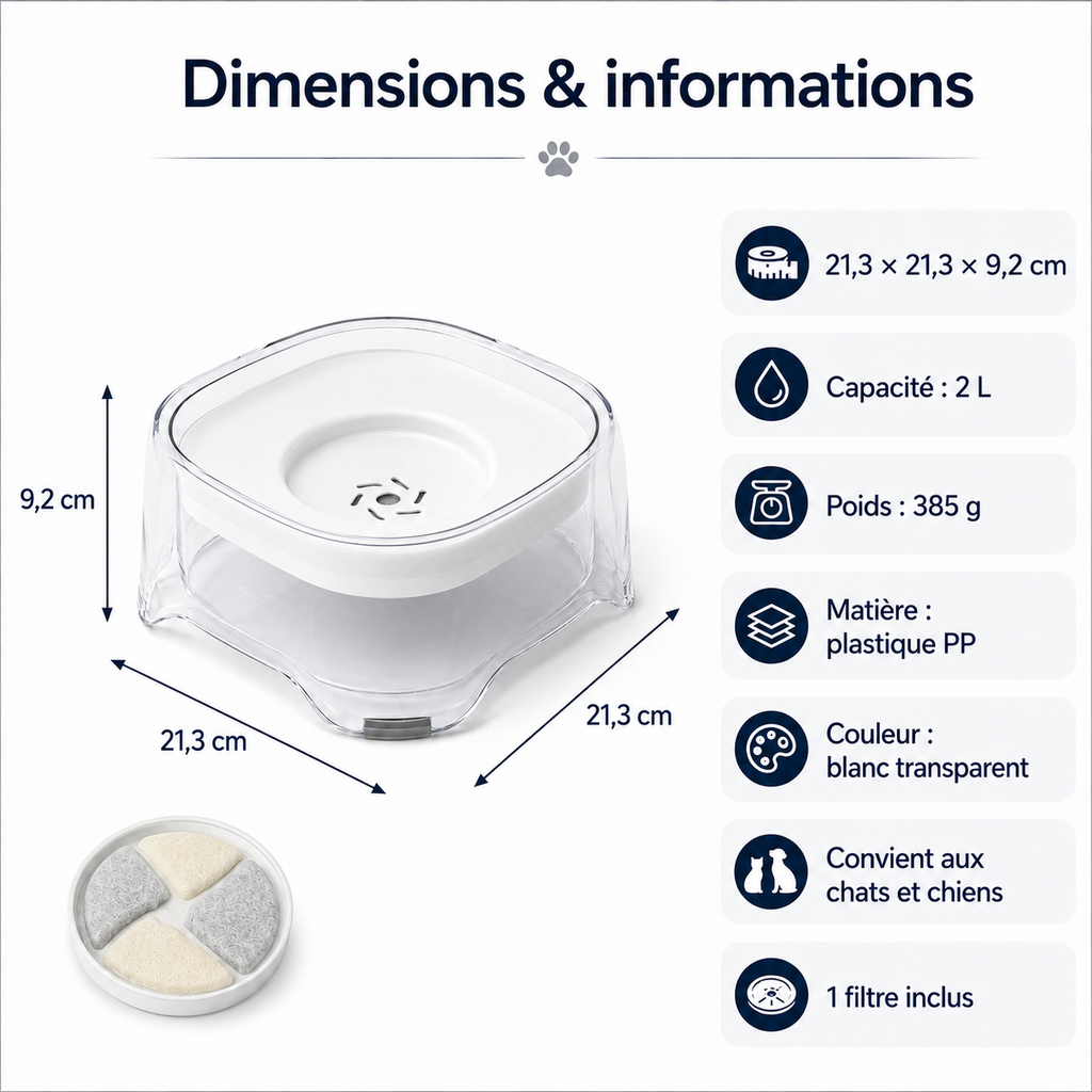 Dimensions de la gamelle d’eau flottante anti-éclaboussures blanche 2 L