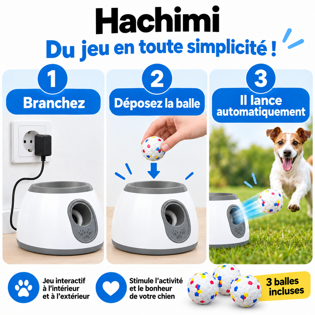 Hachimi Lanceur de Balle Automatique pour Chien – 3 Distances Réglables