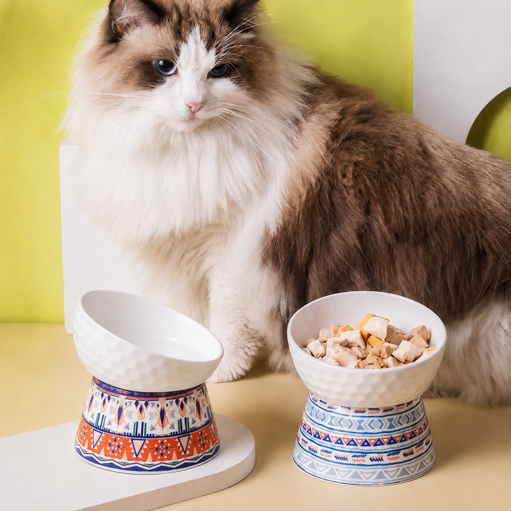 Chat à poils longs devant deux gamelles surélevées en céramique Hachimi à motifs bohèmes bleu et orange.