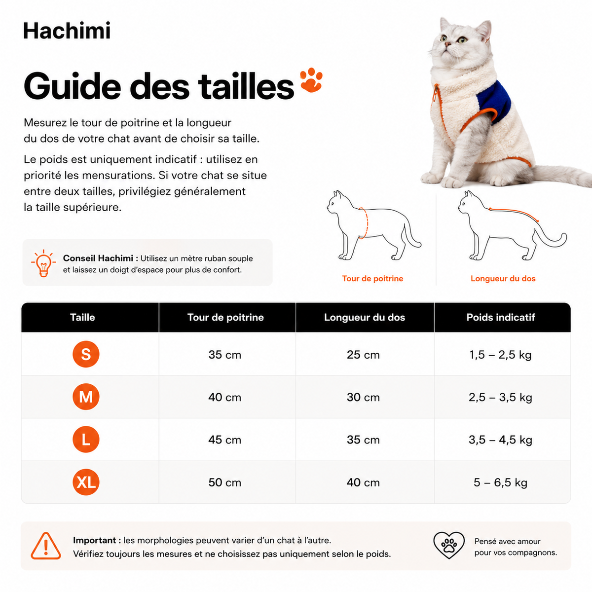 Guide des tailles du gilet polaire pour chat Explorateur Alpin