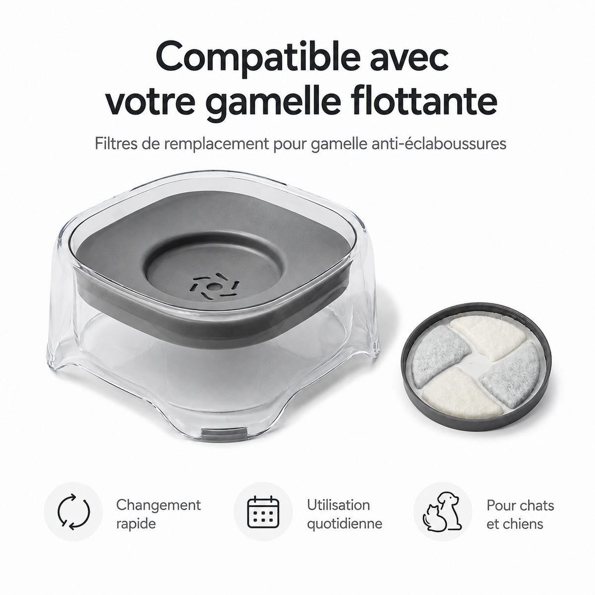 Gamelle d’eau anti-éclaboussures grise compatible avec chien et chat