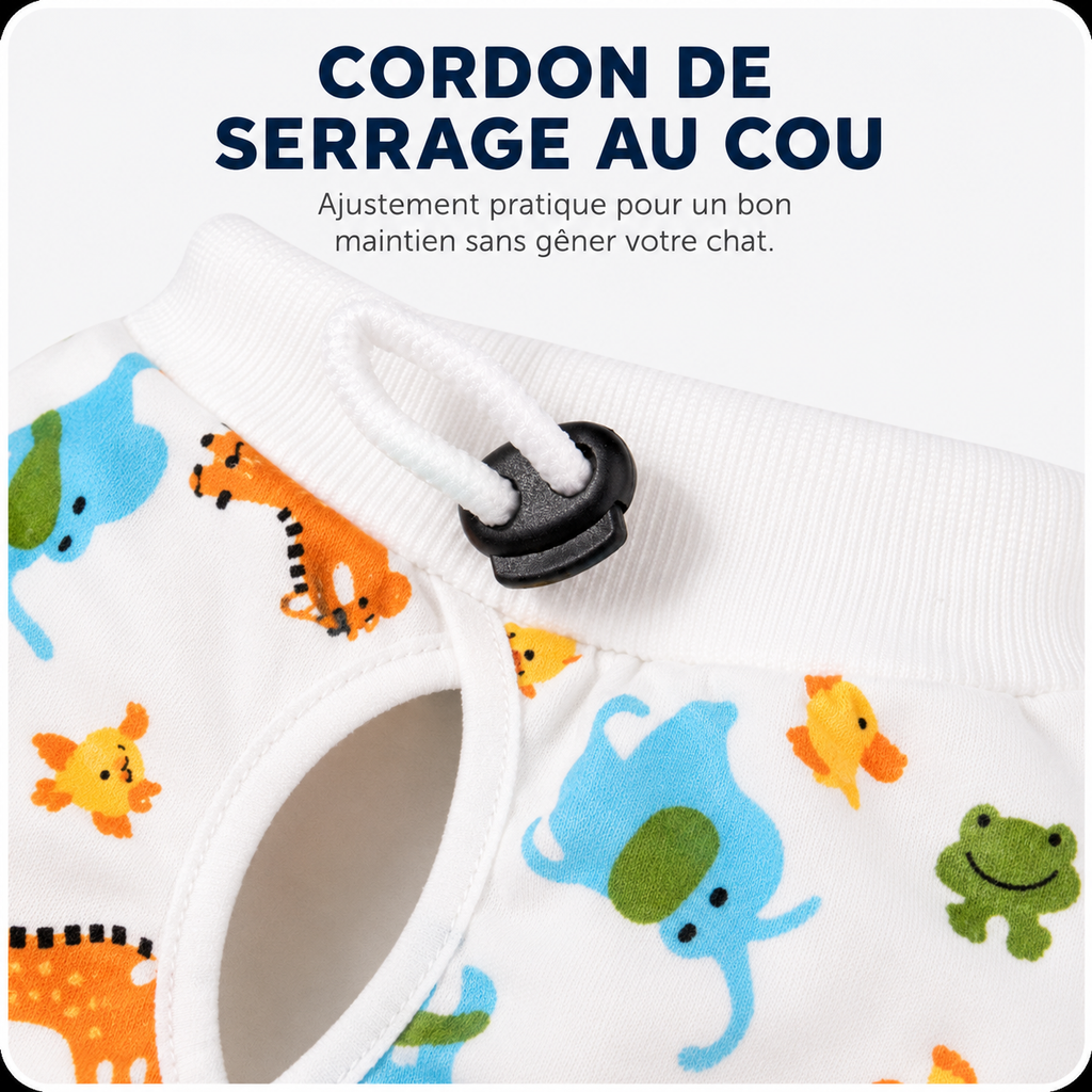 Cordon et fermeture du body de convalescence blanc à motifs animaux