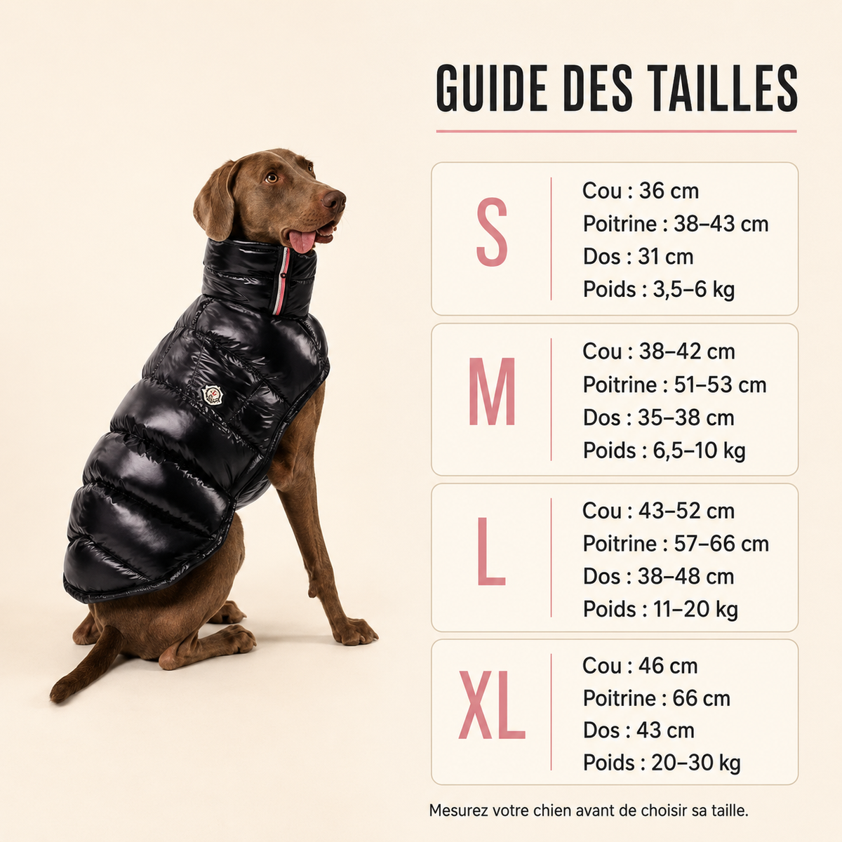 Guide des tailles S à XL de la doudoune hiver noire Hachimi pour chien.