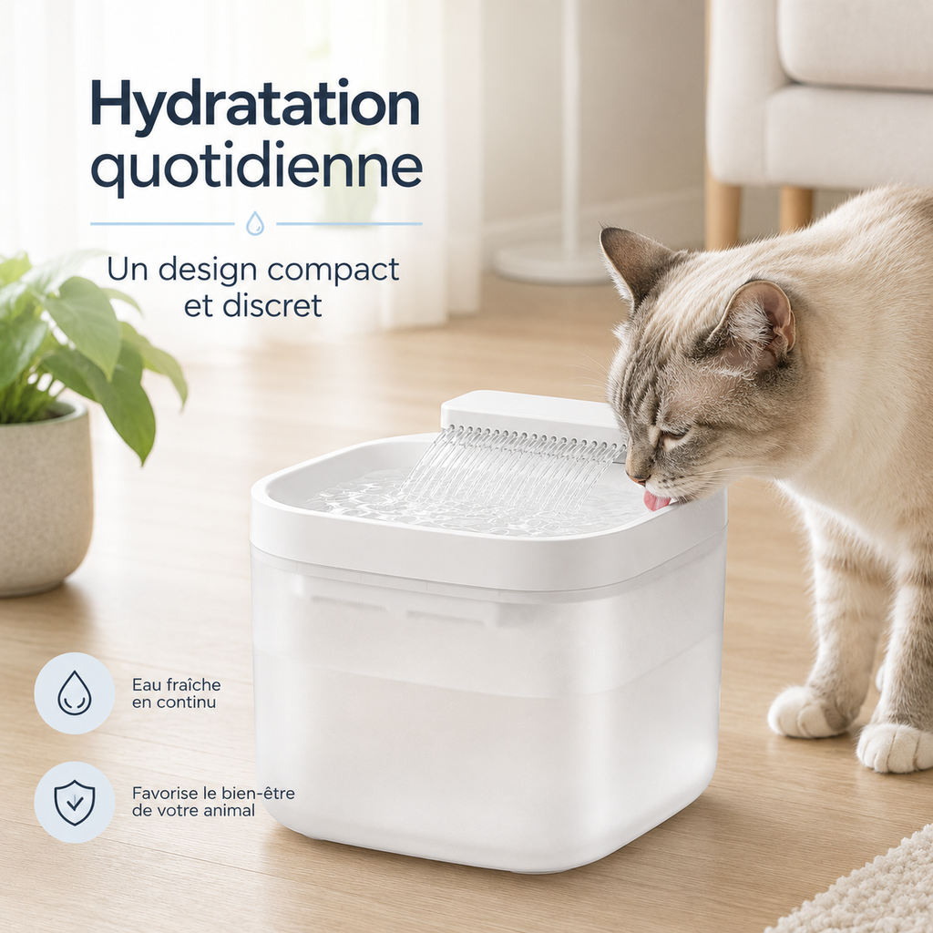 Chat près de la fontaine à eau Hachimi avec cascade et filtre