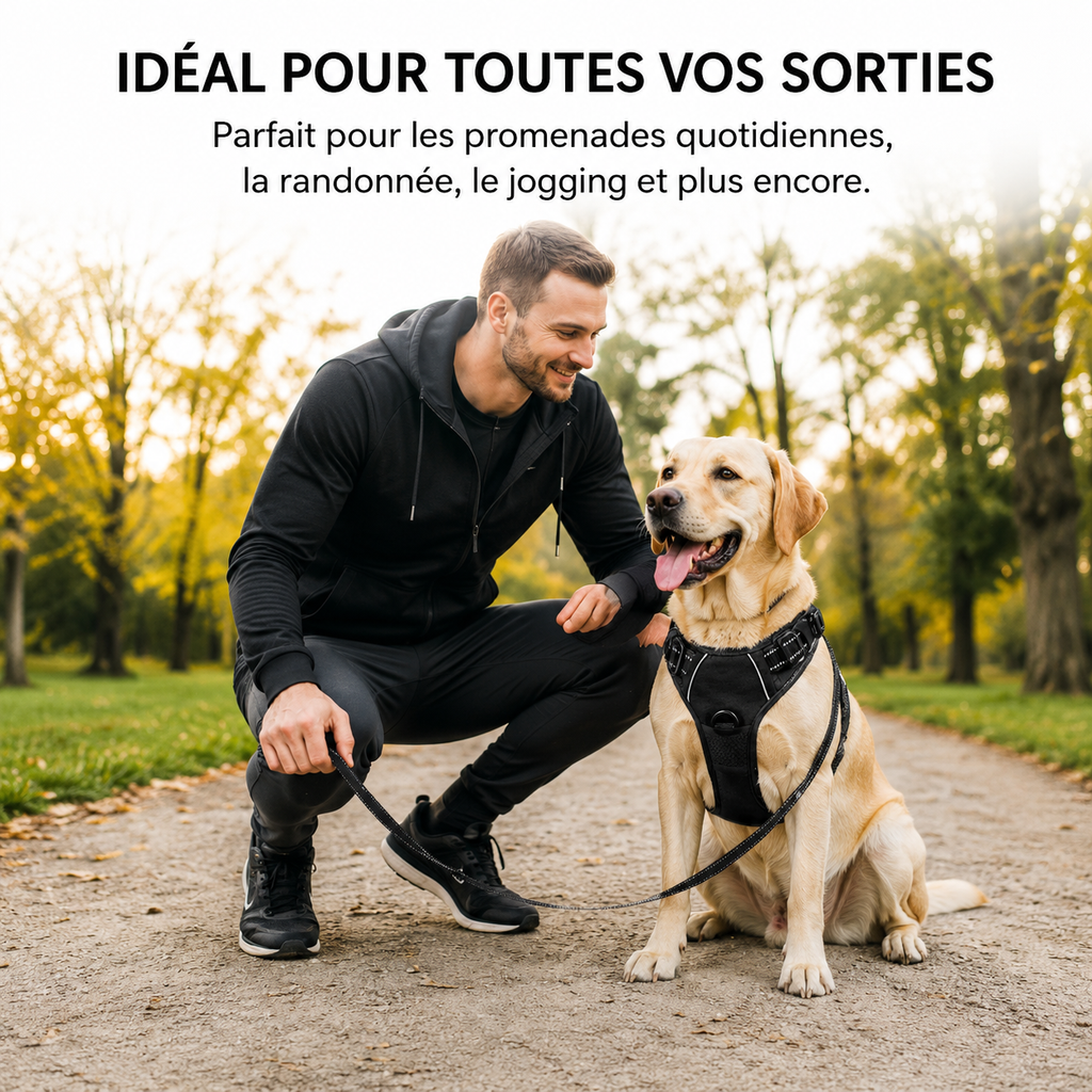 Chien portant le harnais robuste réfléchissant Hachimi en promenade