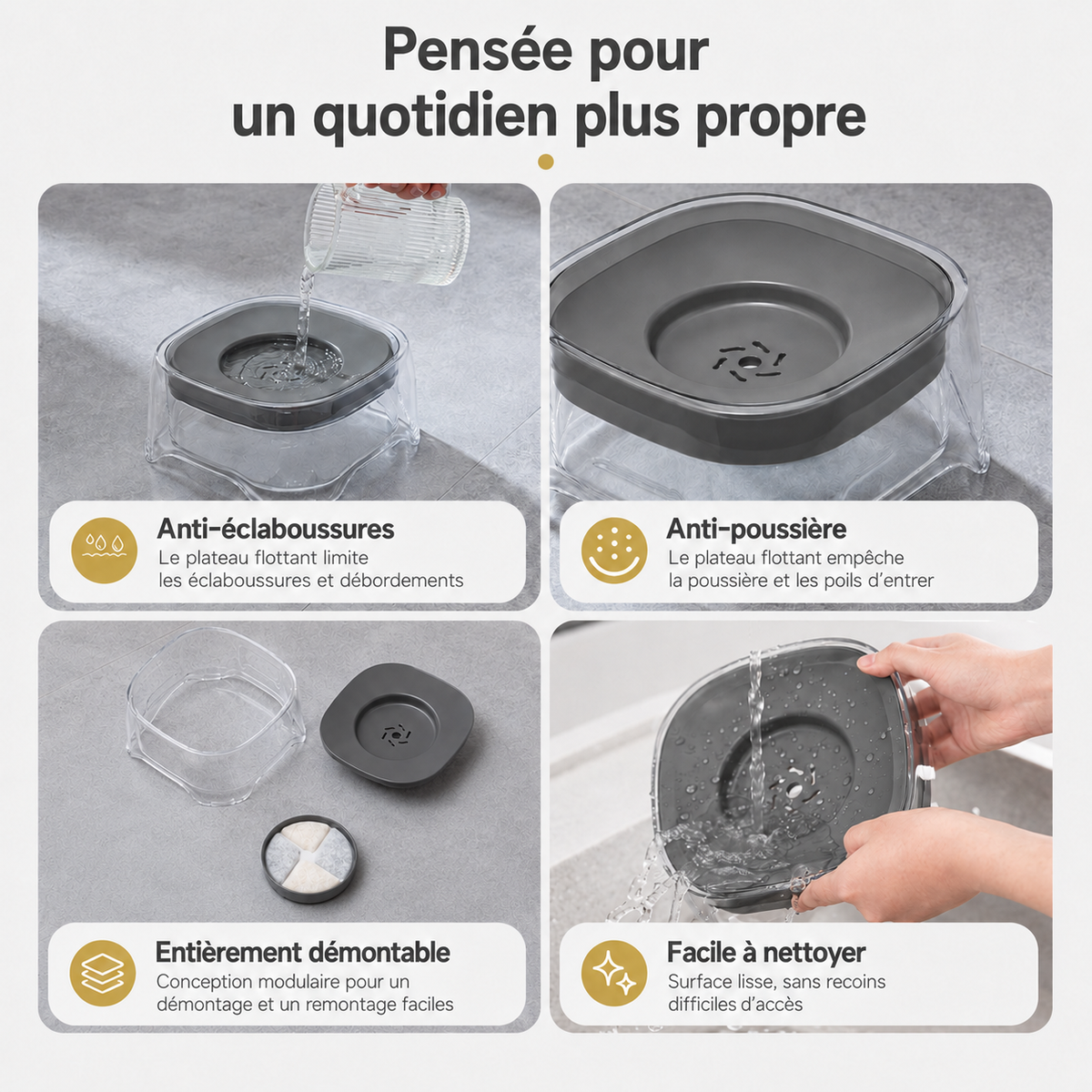 Gamelle d’eau anti-éclaboussures grise utilisée au quotidien