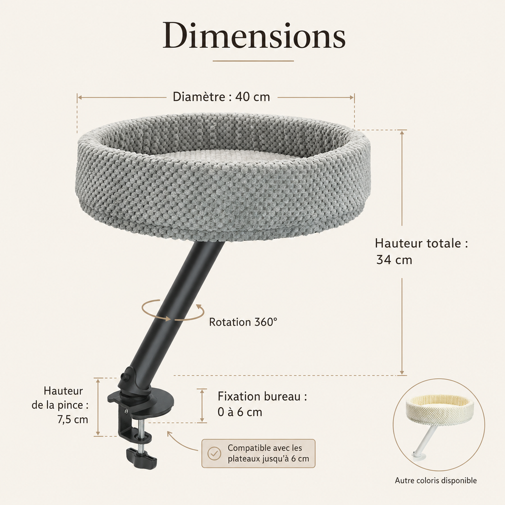 Dimensions du lit suspendu de bureau pour chat – perchoir pivotant 40 cm