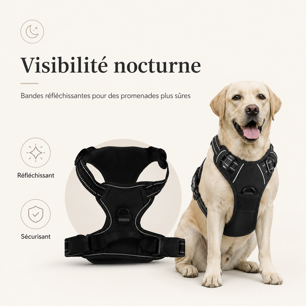 Harnais de sécurité noir réfléchissant pour chien, idéal pour améliorer la visibilité lors des promenades nocturnes.