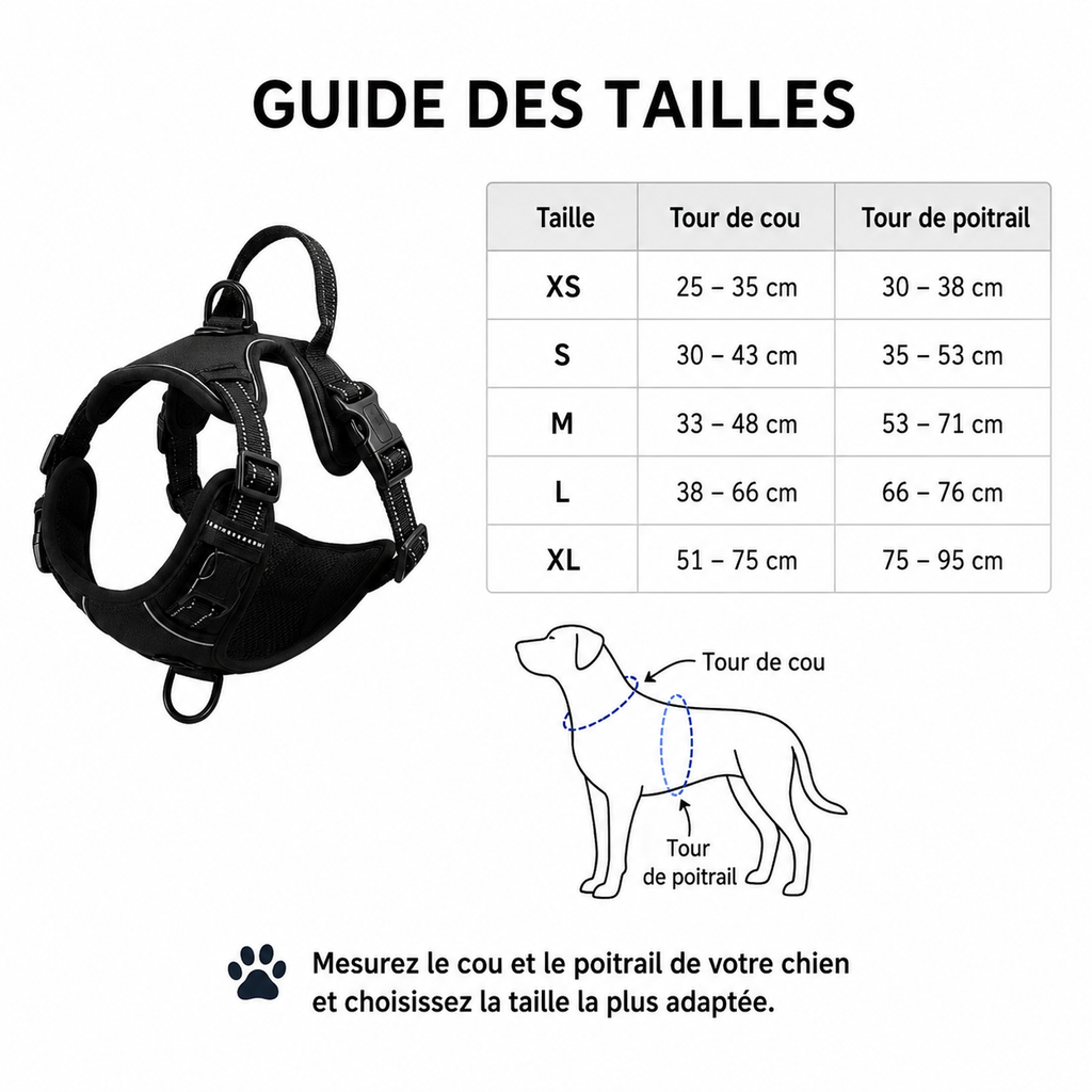 Guide des tailles du harnais robuste réfléchissant pour chien
