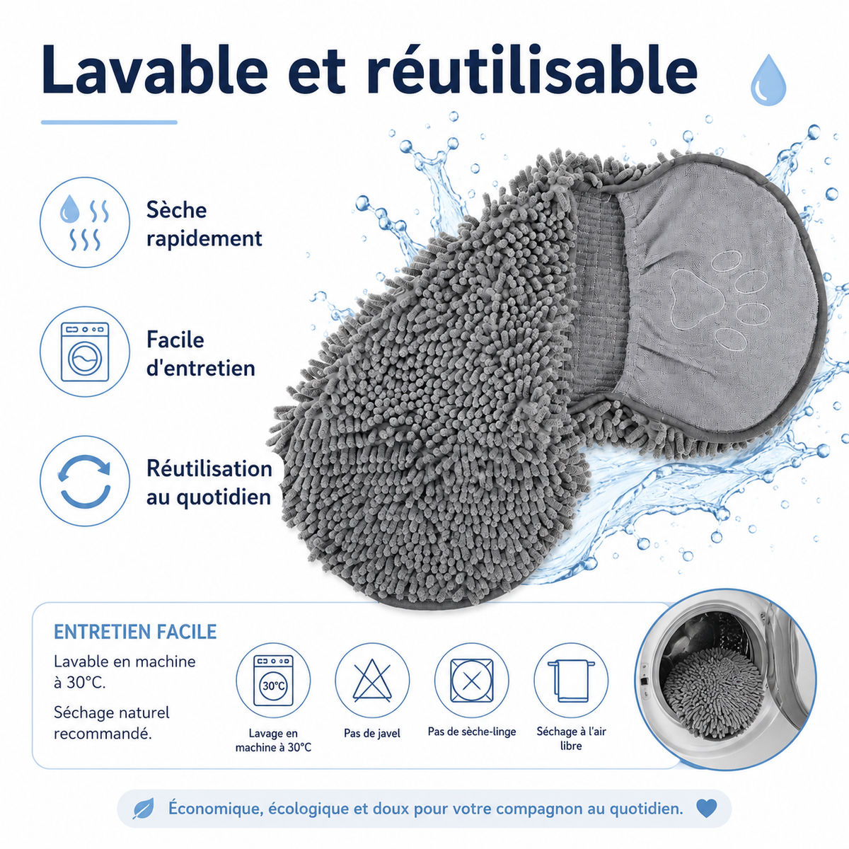Serviette microfibre lavable pour chien et chat – entretien facile