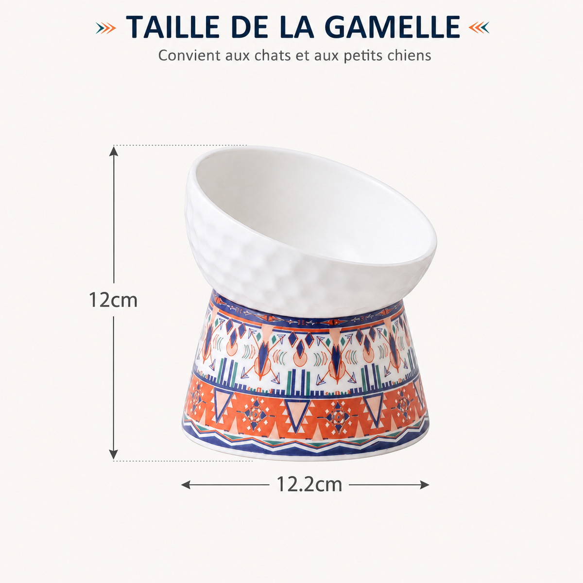 Dimensions de la gamelle surélevée en céramique à motif bohème pour chat