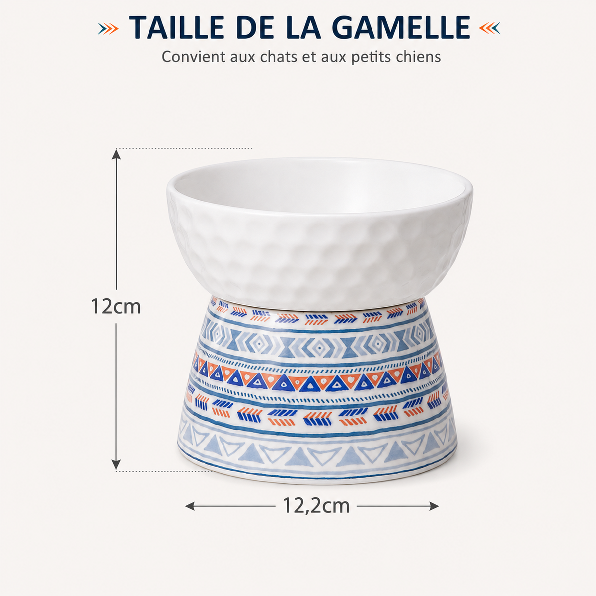 Dimensions de la gamelle surélevée bleue en céramique à motif bohème pour chat