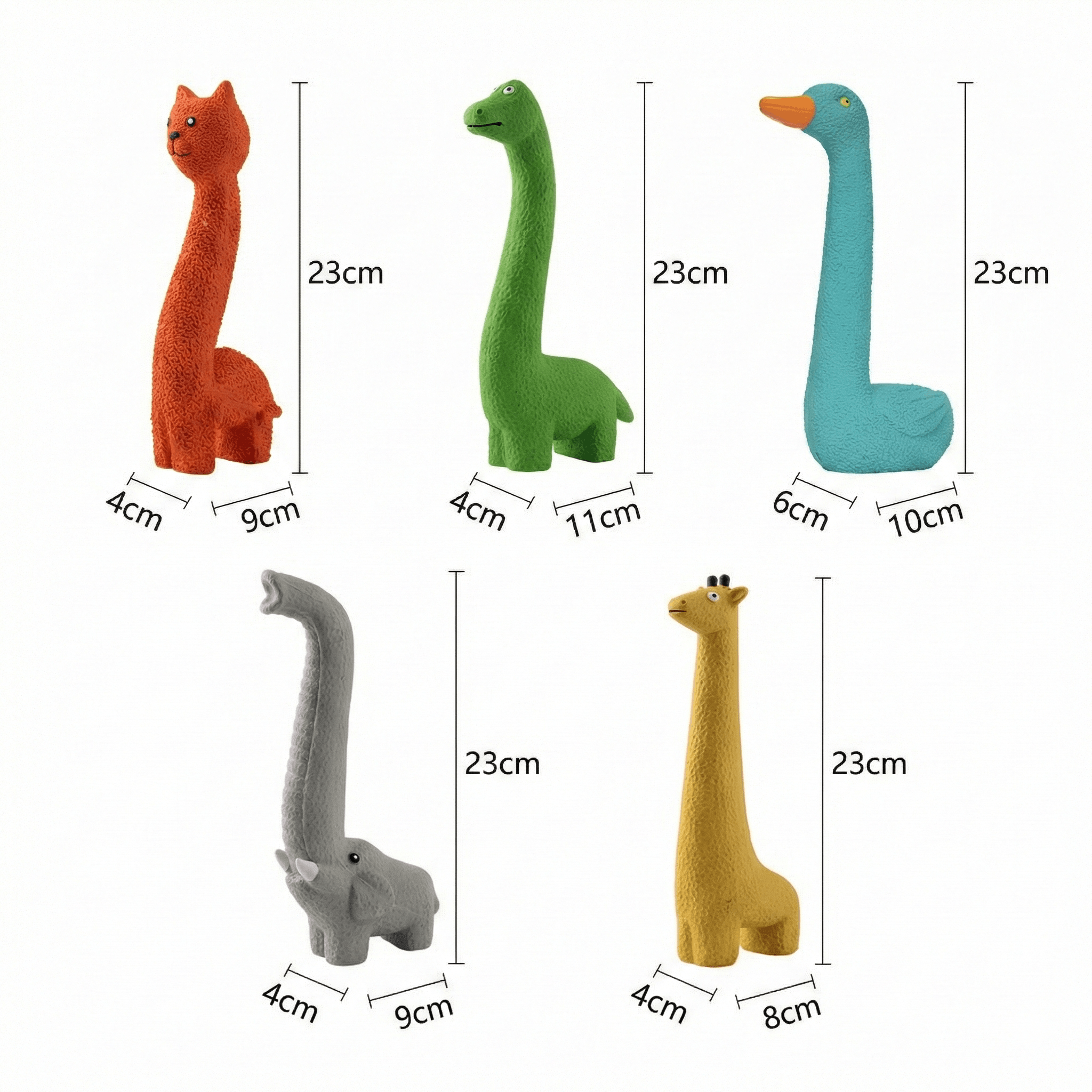 Photo de groupe des 5 jouets pour chiens en latex sur fond blanc. On y voit le dinosaure vert, l'éléphant gris, l'oie cyan, le chat orange et la girafe jaune disposés ensemble.