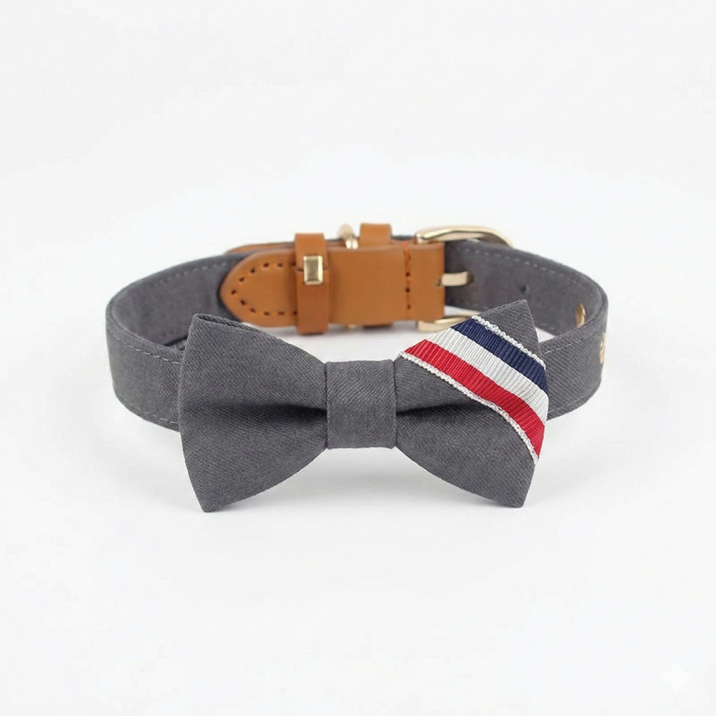 Collier Gris – Nœud Papillon à Rayures Tricolores