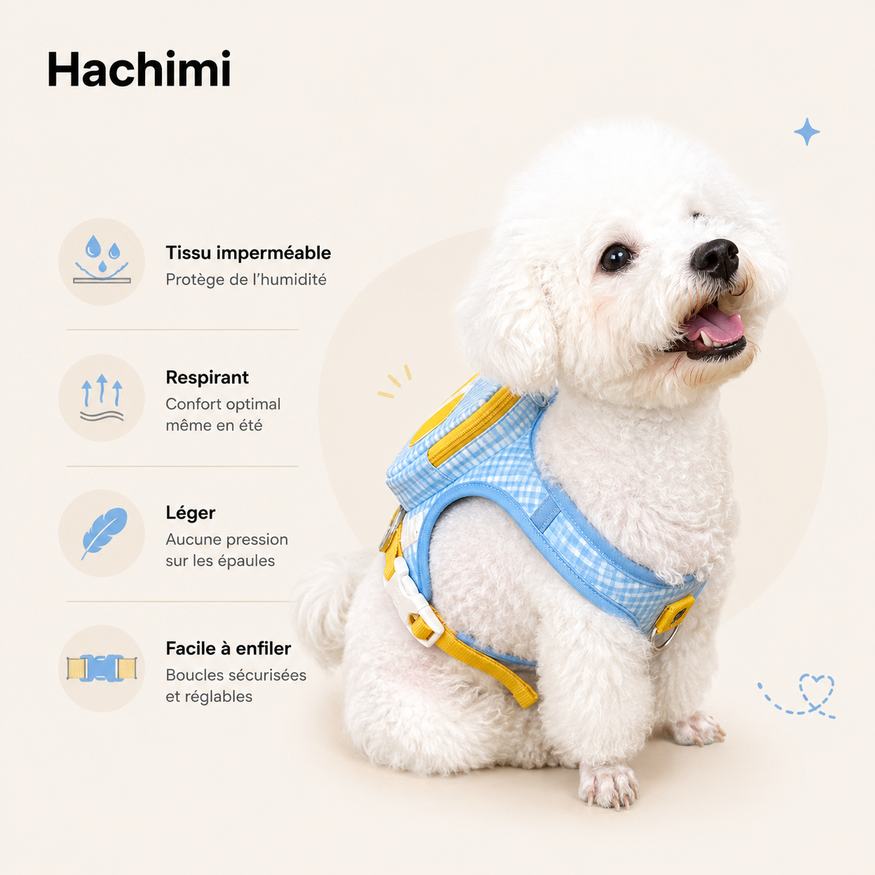 Harnais sac à dos bleu pour chien Hachimi, imperméable, respirant et facile à enfiler, porté par un petit chien blanc.